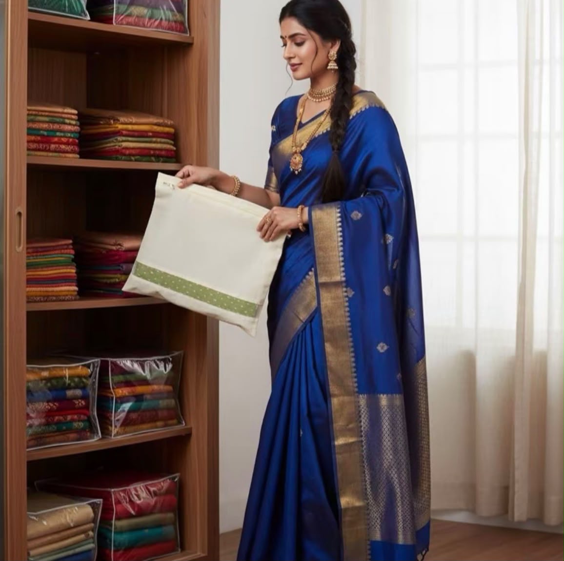 GOMENTO Cotton Saree Storage Bag (150gsm) – Zipper Pouch for Saree Storage (16Wx14H Inches)